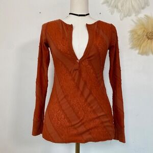 Daytrip Womens Y2K Lace Burnout Top Size M Preppy Boho Fairy Grunge Deep Vneck